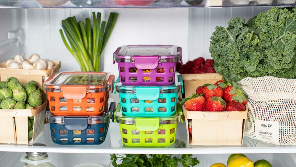 Interior of a refrigerator with fresh fruits and vegetables