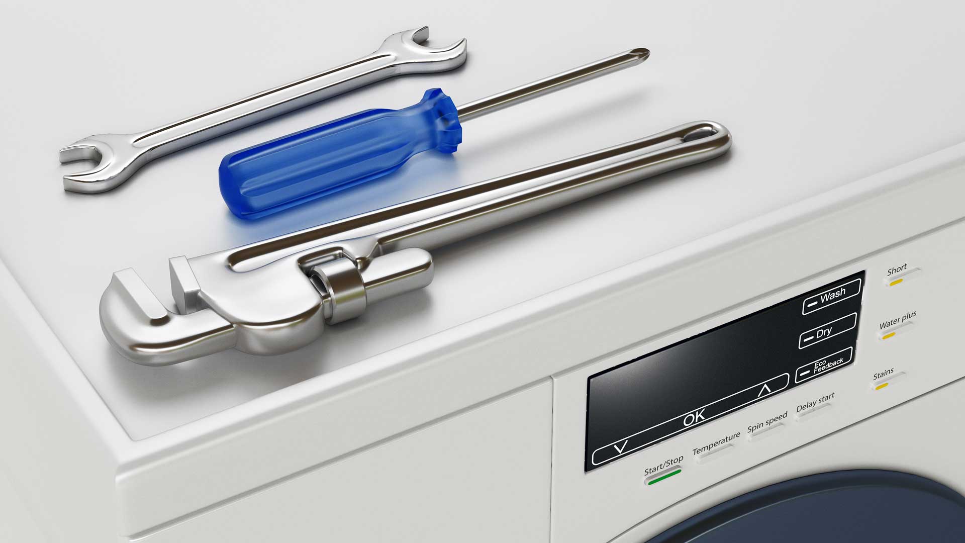 Close up shot of two wrenches and a screwdriver sitting on top of a washing machine